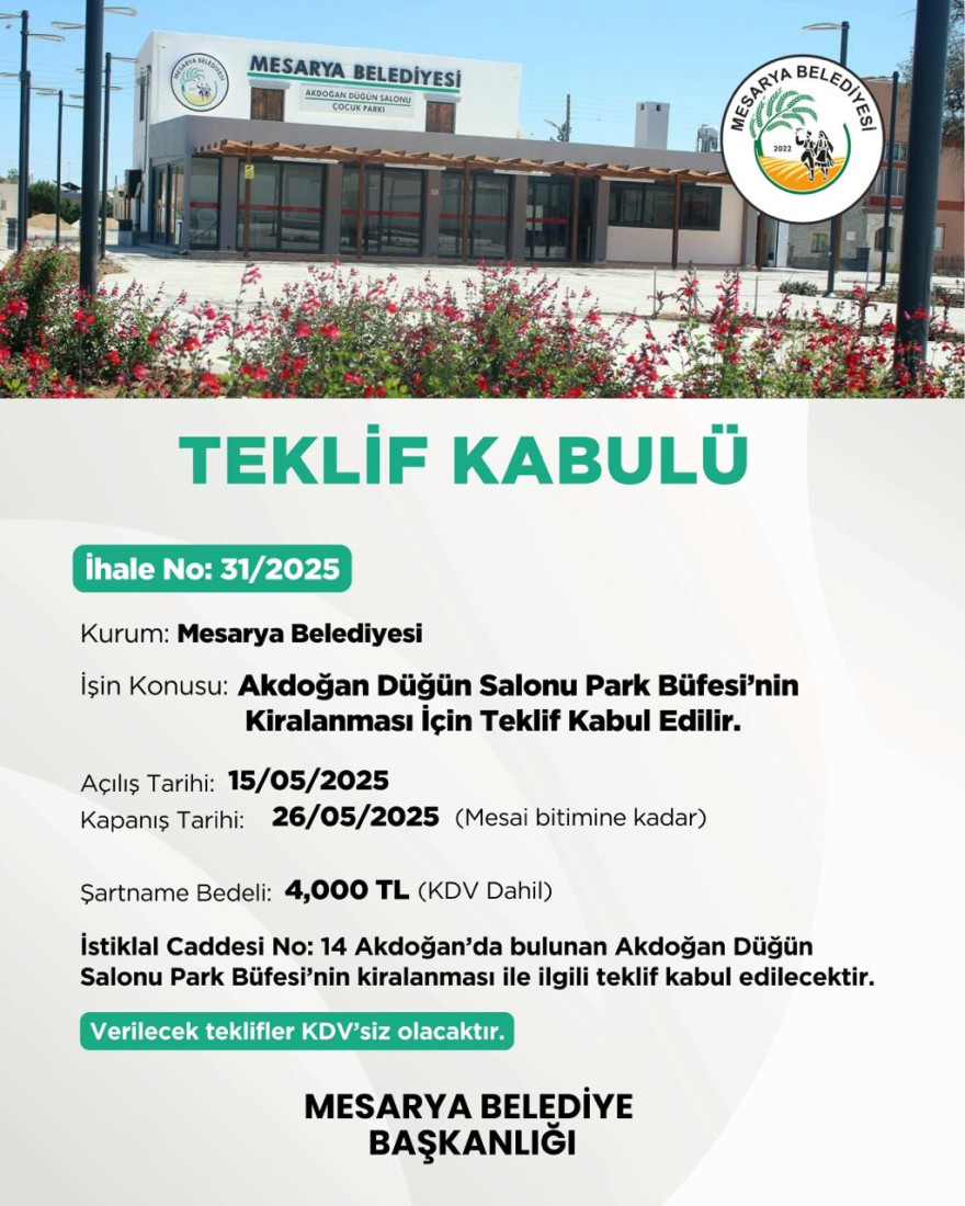 Akdoğan Düğün Salonu ve Çocuk Parkı Büfesi Kiralanması Teklif Kabülü