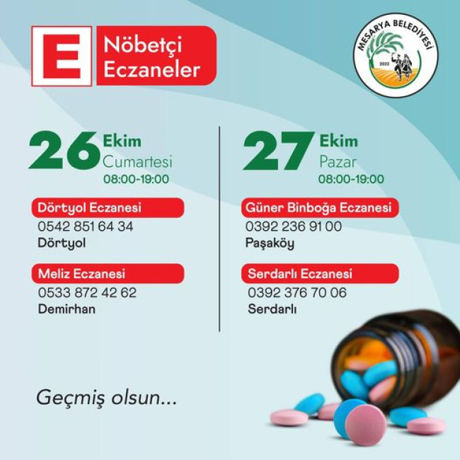 MESARYA BÖLGESİ 26-27 EKİM NÖBETÇİ ECZANELER